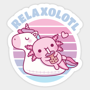 Cute Axolotl Chilling On Unicorn Pool Float Relaxolotl Sticker